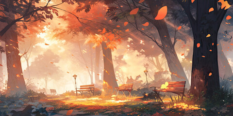 Anime Autumn Background backdrop forest woodland scene ,Generated AI