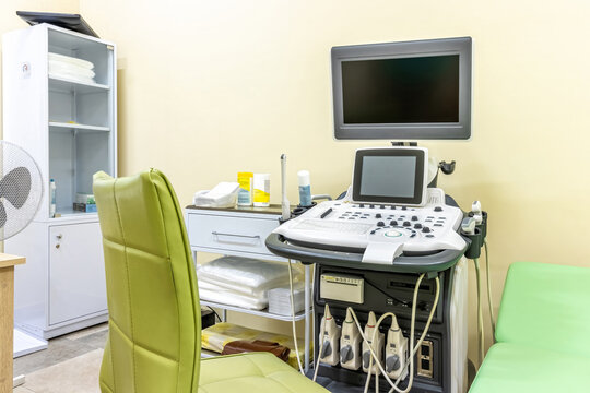Medical equipment in the clinic. Modern ultrasound machine, scanners and sensors close-up.