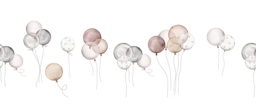 seamless border of watercolor Air Balloons on isolated background. Hand drawn illustration for greeting cards or invitations. Set for party celebration. Happy birthday decor on pastel colors