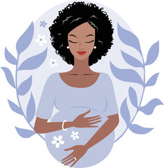 Modern graphic african pregnant woman with a lila botanical background