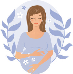 Modern graphic pregnant woman with a lila botanical background