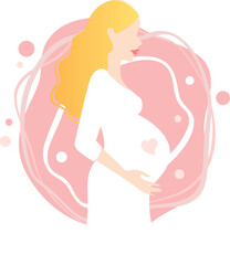 Modern faceless blonde pregnant woman with a pink abstract background