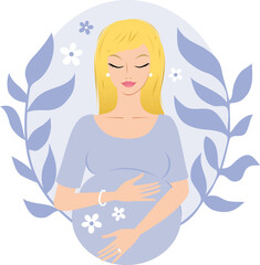 Modern graphic blonde pregnant woman with a lila botanical background