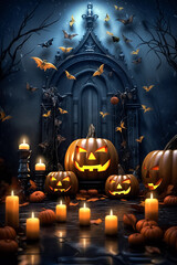 Halloween vertical composition with pumpkins, bats and candles. Beautiful holiday background in blue and orange tones. Generative AI