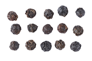top view close up Heap of black pepper seeds. Spice. Isolated on white background.