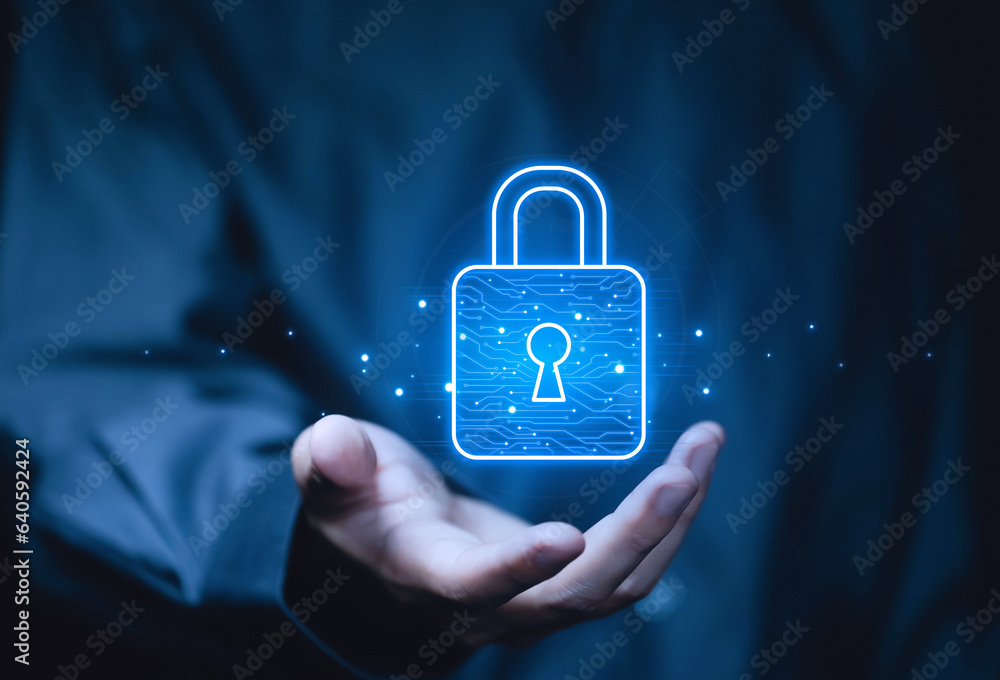 Poster businessman touching padlock icon on virtual display internet network cyber security concept