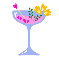 Cartoon tropical cocktail. Pink drink on white background. Hand drawn liquor with hearts, leaves, flowers decorations. Beverage, soda, juice in stemmed glass. Vector summer holiday bar illustration