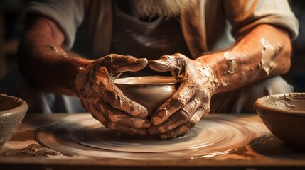 Generative AI, hands with clay making of a ceramic pot in the pottery studio, hobby and leisure concept - obrazy, fototapety, plakaty