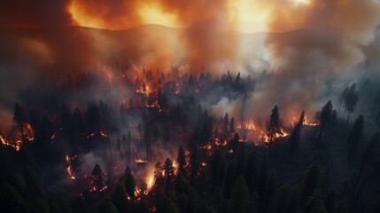 Fototapeta na wymiar Wildfire aerial view in setting sun or twillight.