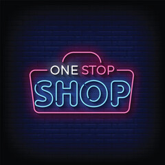 Obraz premium Neon Sign one stop shop with brick wall background vector