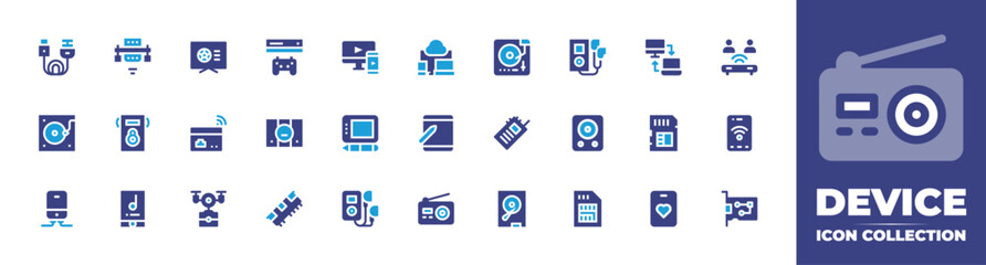 Device icon collection. Duotone color. Vector and transparent illustration. Containing local network, users, memory card, smartphone, favorite, network interface card, responsive, graphic, and more.