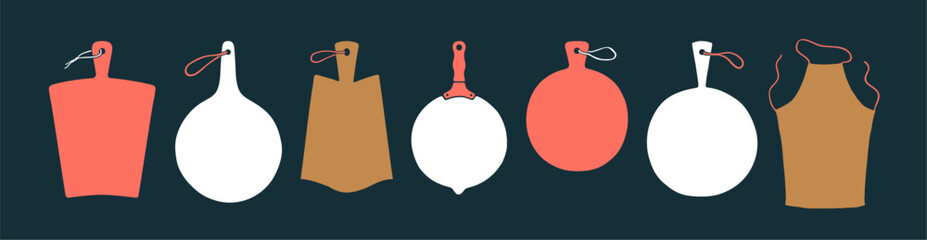 Cutting kitchen board collection. Kitchen design with set hand draw cutting board. Boards for serving dishes, sign, card, banner. Mockup of cutting board on kitchen for menu. Vector Illustration