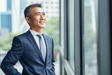 Happy proud prosperous mid aged mature professional Asian business man ceo executive wearing suit standing in office arms crossed looking away thinking of success, leadership, side profile view.