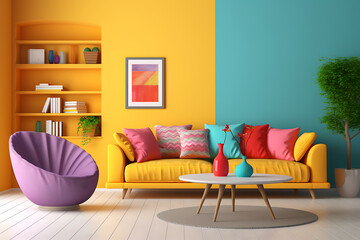 Bright multicolored modern living room interior with sofa, armchair and table