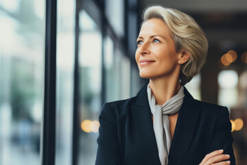 Happy proud prosperous mid aged mature professional business woman ceo executive wearing suit standing in office arms crossed looking away thinking of success, leadership, side profile view - obrazy, fototapety, plakaty