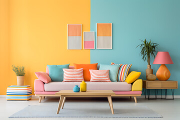 Bright multicolored modern living room interior with multicolored sofa, table and paintings