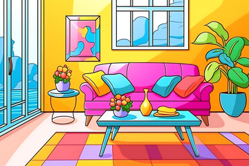 Bright multicolored modern living room interior with pink sofa, table and colorful rug