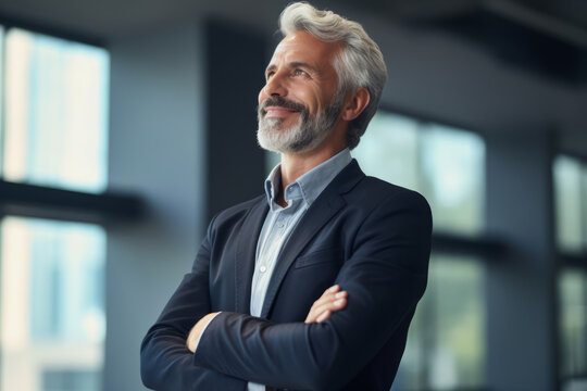 Happy Proud Prosperous Mid Aged Mature Professional Business Man Ceo Executive Wearing Suit Standing In Office Arms Crossed Looking Away Thinking Of Success, Leadership, Side Profile View