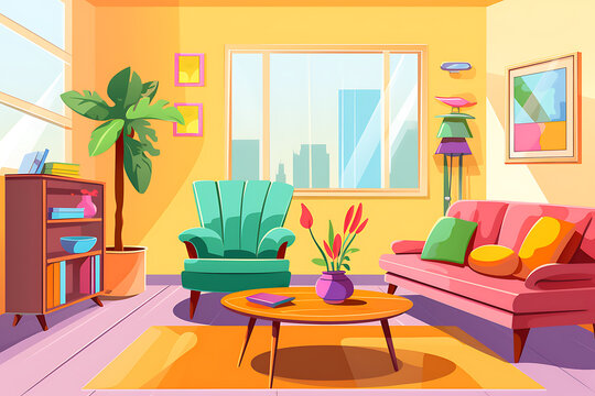 Bright multicolored modern living room interior with green armchair, pink sofa, table and yellow walls