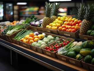 Fototapeta na wymiar wide angle view of supermarket store interior with fresh fruits and vegetables on display,