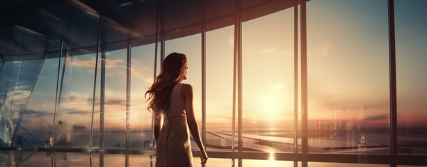 lonely woman through big panoramic windows of office demanded by sunset, legal AI