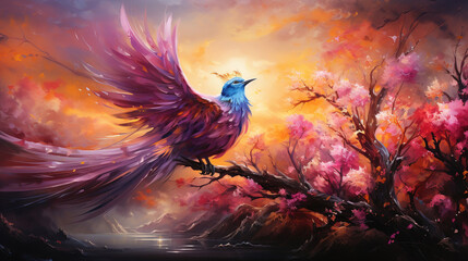 Obraz na płótnie Canvas Picture a whimsical scene where a charming phoenix, its feathers a playful mix of pastel pink and gold, frolics in a sky filled with fluffy,