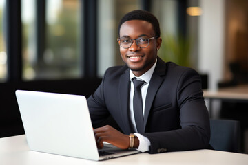 Fototapeta na wymiar Young happy professional African American business man wearing suit eyeglasses working on laptop in office sitting at desk looking at camera, female company manager executive portrait at workplace
