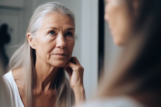 Shot Of A Young Woman Looking In The Mirror And Seeing Herself Older