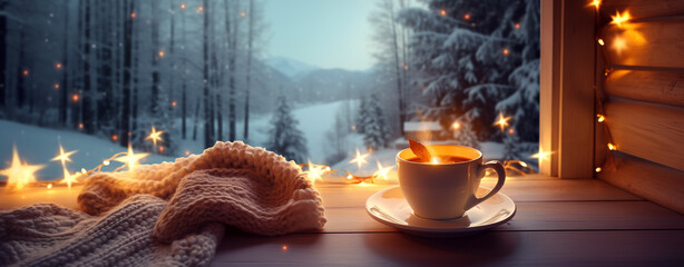 Christmas card with a cup of coffee on the windowsill overlooking the winter forest outside the window, legal AI