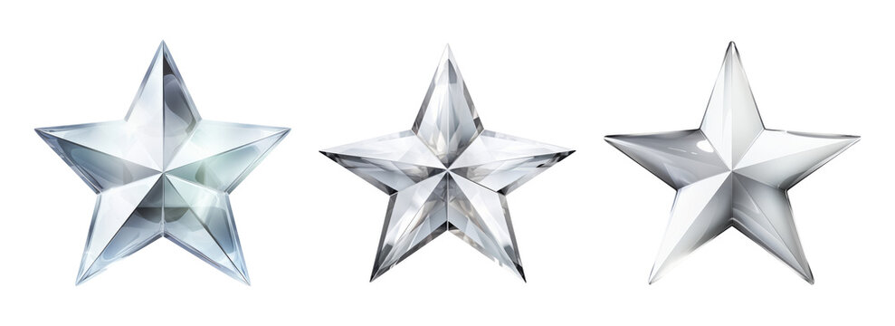 Set of three different glossy 3D star symbols isolated on white background.