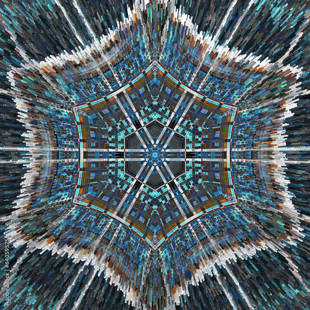 Aufkleber exploding hexagonal pattern and design in shades of grey and blue in square format