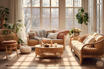 A cozy living room with a rattan sofa, armchair, and coffee table, surrounded by warm decor and natural light