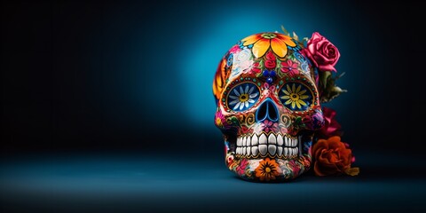 Crystal skull featuring vibrant flowers. Generative Ai.