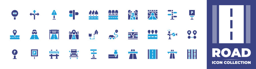 Road icon collection. Duotone color. Vector and transparent illustration. Containing driving test, directions, road, parking, warning sign, road sign, sign, parking sign, road banner, and more.