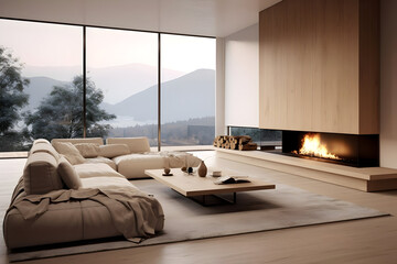 Simplicity in Serenity Minimalist Living Room featuring a Low Profile Sofa and a Fireplace Suspended in Air