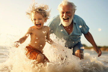 Senior man and a child playing with water on a beach. Generative AI