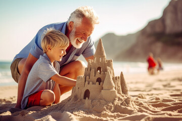 Grandfather and grandson making a sandcastle on a beach. Generative AI