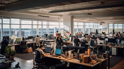 A panoramic view of a bustling open office, with employees engaged in discussions, presentations, and collaborative work