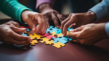 A close-up of hands joining together a jigsaw puzzle, capturing the essence of teamwork and collaboration in business settings