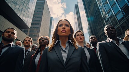 A dramatic low-angle shot of a business team, standing in a V-formation, ready to tackle challenges, symbolizing unity and determination