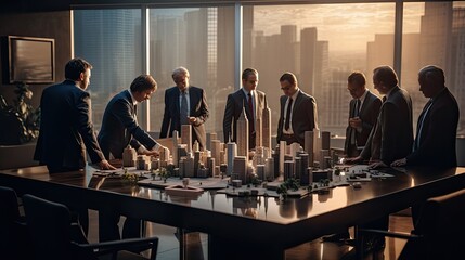 An intense boardroom negotiation scene, with diverse stakeholders deliberating over a scale model of a new project
