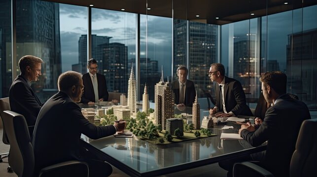 An intense boardroom negotiation scene, with diverse stakeholders deliberating over a scale model of a new project