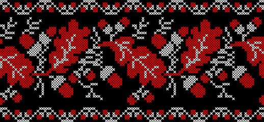 Vector illustration of Ukrainian ornament in ethnic floral style with oak leaves and acorns, identity, vyshyvanka, embroidery for print clothes, websites, banners. background. Floral design, border