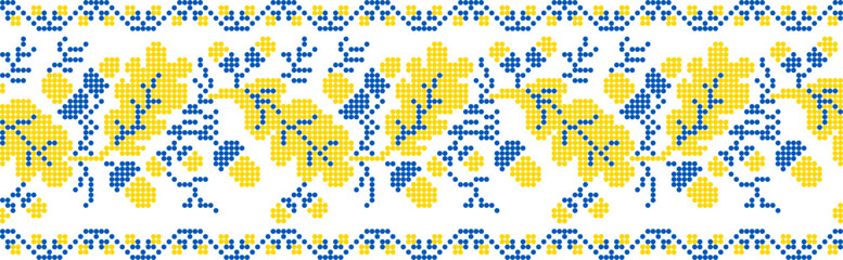 Vector illustration of Ukrainian ornament in ethnic floral style with oak leaves and acorns, identity, vyshyvanka, embroidery for print clothes, websites, banners. background. Floral design, border