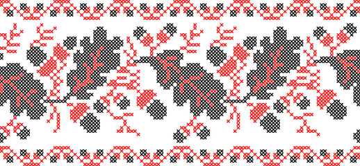 Vector illustration of Ukrainian ornament in ethnic floral style with oak leaves and acorns, identity, vyshyvanka, embroidery for print clothes, websites, banners. background. Floral design, border