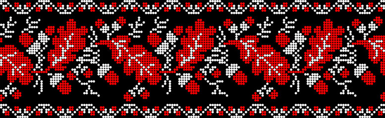 Vector illustration of Ukrainian ornament in ethnic floral style with oak leaves and acorns, identity, vyshyvanka, embroidery for print clothes, websites, banners. background. Floral design, border