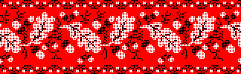 Vector illustration of Ukrainian ornament in ethnic floral style with oak leaves and acorns, identity, vyshyvanka, embroidery for print clothes, websites, banners. background. Floral design, border