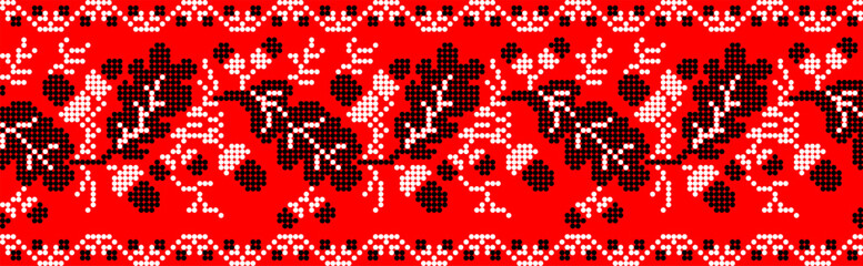 Vector illustration of Ukrainian ornament in ethnic floral style with oak leaves and acorns, identity, vyshyvanka, embroidery for print clothes, websites, banners. background. Floral design, border