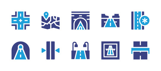 Road icon set. Duotone color. Vector illustration. Containing crossroads, road map, tunnel, continuous line, highway, frost, motorway, toll.