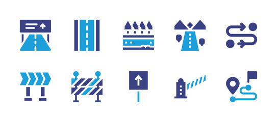 Road icon set. Duotone color. Vector illustration. Containing highway sign, road, diversion, barrier, straight, route, traffic barrier, distance.